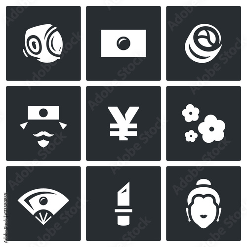 Vector Set of Japan Icons. Sport, National Flag, Traditional Food, Japanese, Yen, Sakura, Geisha, Yakuza, Religion.