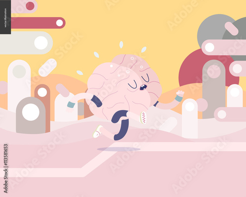 Running brain on pink and yellow landscape illustrated vector banner - rounded colorful shapes abstract scenery on pink and yellow background and a brain wearing a training suit, running outside
