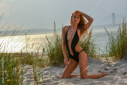 Attractive blond girl with perfect slim body in black sexy swimsuit posing on the beach with river and bridge on the background. photo