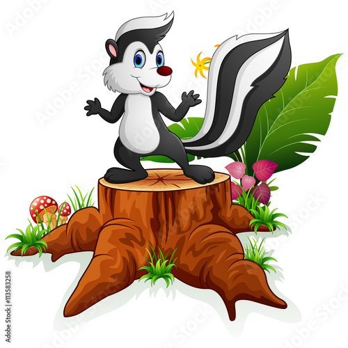 Cartoon skunk posing on tree stump