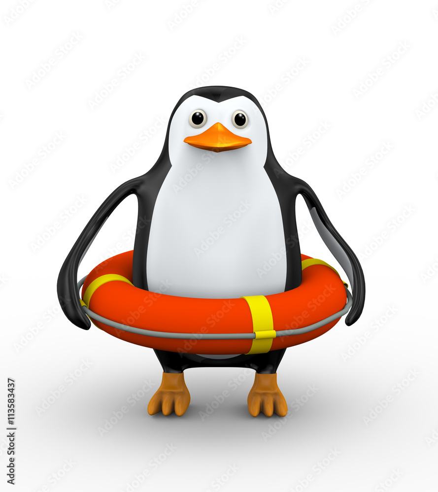 Obraz premium 3d penguin in life preserver lifebuoy ring