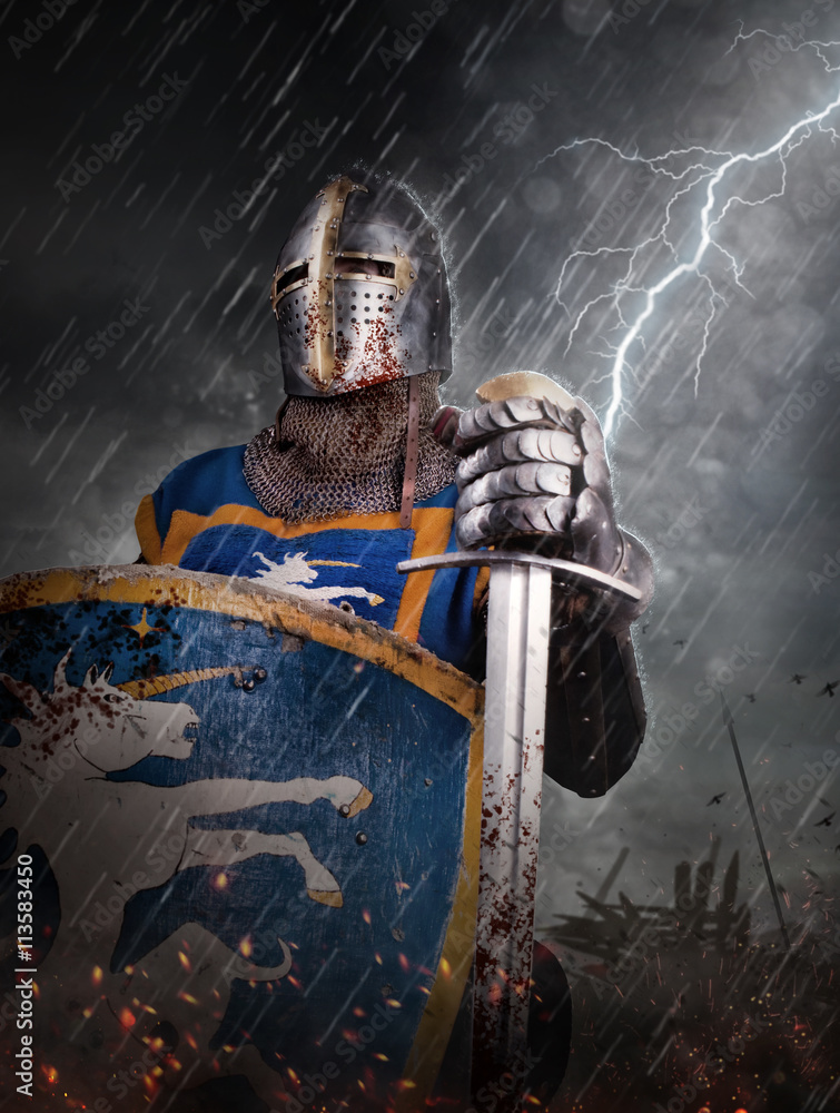 Lightning strikes a knight on battlefield. - obrazy, fototapety, plakaty 