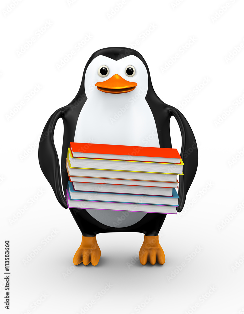 Obraz premium 3d penguin holding pile of books