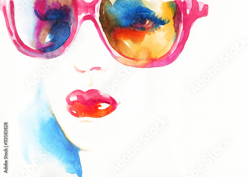 Fototapeta Naklejka Na Ścianę i Meble -  Beautiful woman face. Abstract fashion watercolor illustration