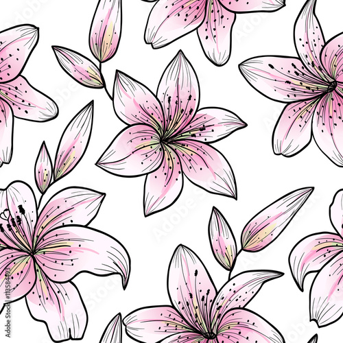 Fototapeta Naklejka Na Ścianę i Meble -  Pink lily on a white background.Vector seamless pattern 