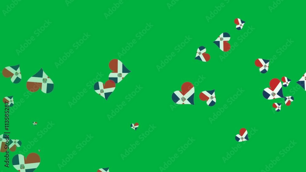Isolated moving Dominican heart flag particles on green background. Flags of Dominican. Dominican national flags. Isolated moving Dominican heart flag particles on green background. Flags of Dominican. Dominican national flags.