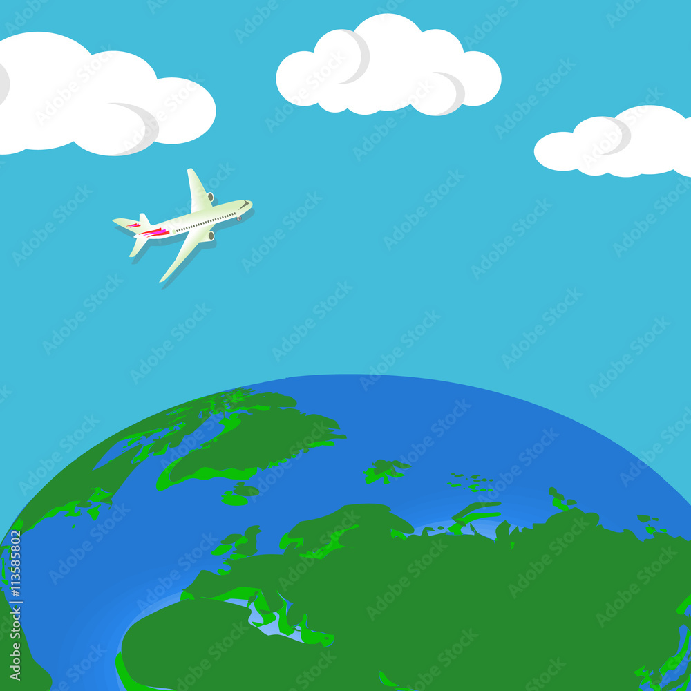 Illustration of airplane flying over Earth. Flat design. Vector illustration