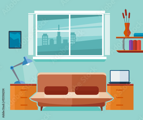 Home office interior with sofa and laptop. Freelancer workplace. Interior room with laptop and sofa, work interior office space. Flat vector illustration