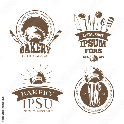 Restaurant menu design, vector labels, emblems, badges, logos. Label bakery with ribbon, bakery logo for menu with utensil illustration