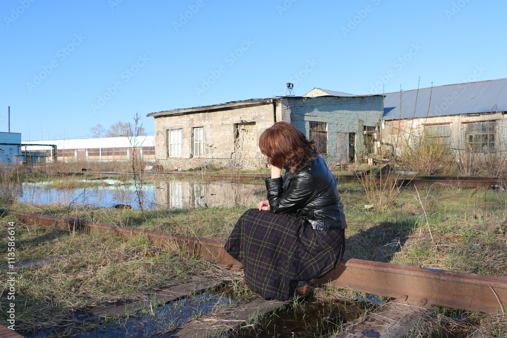 Romantic girl and old railway in water Romantic girl and old railway in water