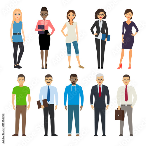 Business dressed and casual dressed people standing on white background. Vector illustration