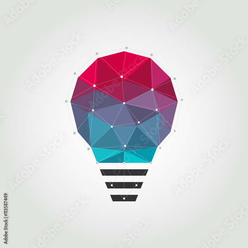Abstract polygonal lightbulb made of colorful lines and dots. Vector illustration and design element. Idea.
