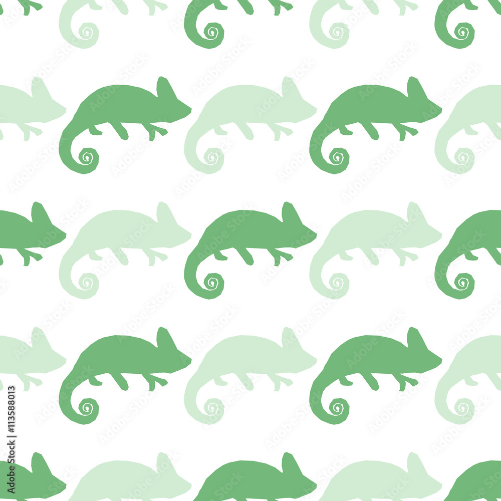 Seamless wallpaper with chameleon isolated on white. Green and blue masquerading lizard. Seamless pattern with han drawn chameleon Seamless wallpaper with chameleon isolated on white. Green and blue masquerading lizard. Seamless pattern with han drawn chameleon