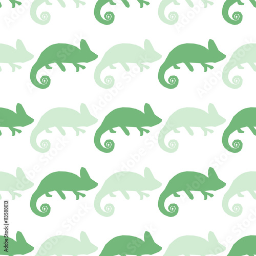 Seamless wallpaper with chameleon isolated on white. Green and blue masquerading lizard. Seamless pattern with han drawn chameleon