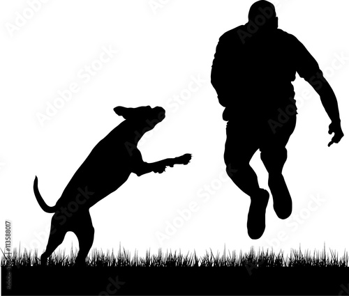 Mensch und Hund springen vor Lebensfreude