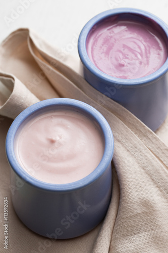 Yogurts assortment in ceramic bowls on wooden ligth background. Natural and fruit healthy, diet, gourmet dessert for granola breakfast. Sweet yogurts closeup.