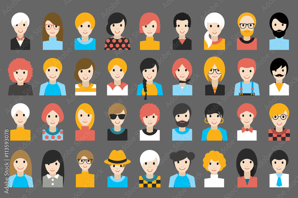 Mega set of diverse people heads, avatars. Different clothes, hair styles. Flat stylized cartoon vector. Mega set of diverse people heads, avatars. Different clothes, hair styles. Flat stylized cartoon vector.