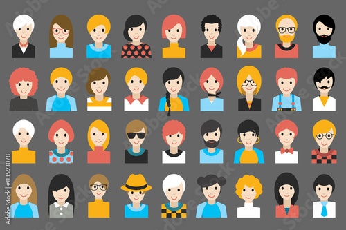 Mega set of diverse people heads, avatars. Different clothes, hair styles. Flat stylized cartoon vector.
