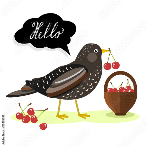 Foto Starling with cherries with chalk sign Hello, vector illustration