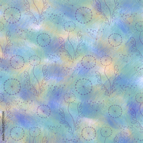 Hand drawn textured watercolor floral background. Blue template with flowers, leaves. Decorative pattern Series of Watercolor, Oil, Pastel and Drawn Backgrounds.