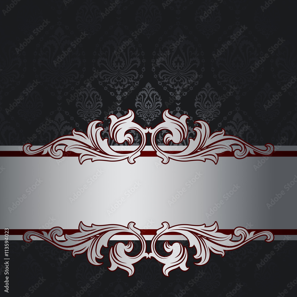 Black background with vintage patterns and silver decorative bor Stock