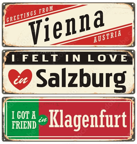 Canvas Print Retro tin sign collection with Austria city names