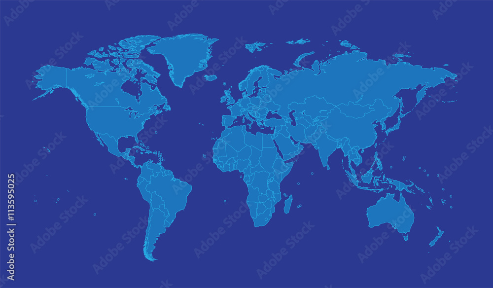 world map with borders blue