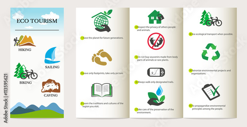 Ecotourism concept. Brochure with icons and text. Eco friendly design elements. Vector illustration.