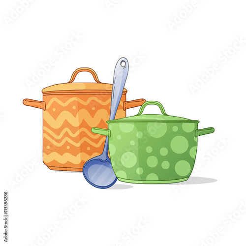 Banner, an icon, a symbol with colored pots and ladle. Kitchen utensils in a cartoon style. Illustrations of kitchen pots for flyers, web, brochures. Vector