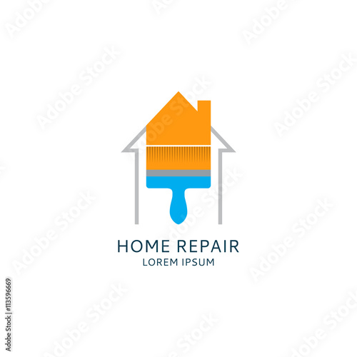 Home repair logo template. House icon. Painting service logotype. Paintbrush icon.