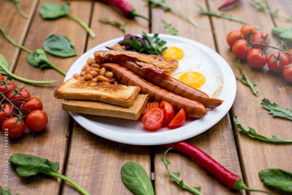 English breakfast. Eggs, bacon, beans. English breakfast. Eggs, bacon, beans.