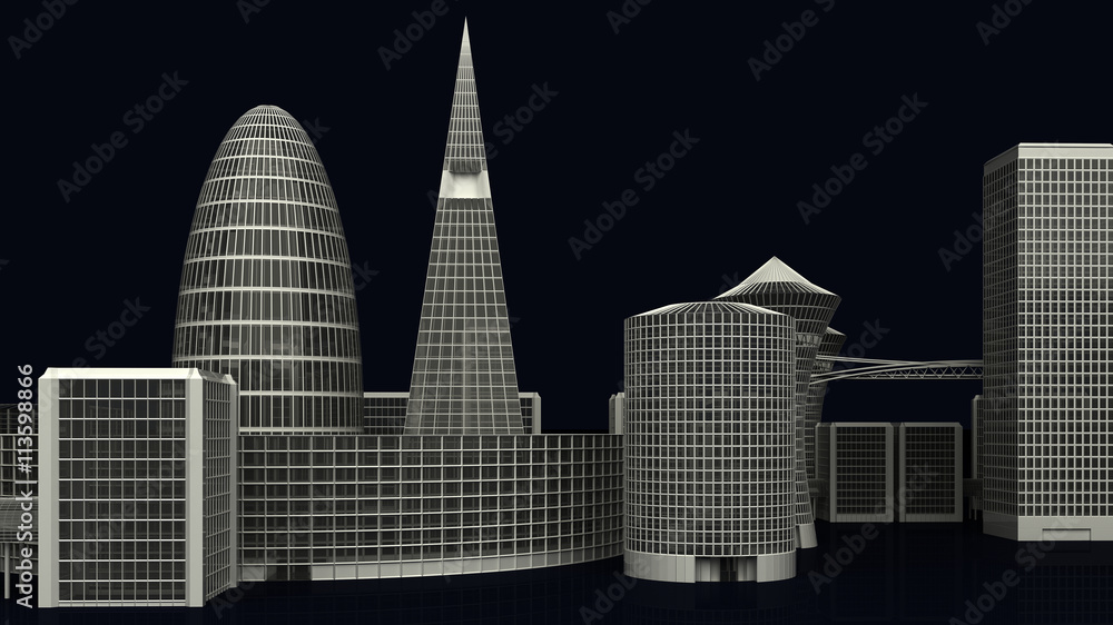 3D Illustration of Modern City Buildings on dark
