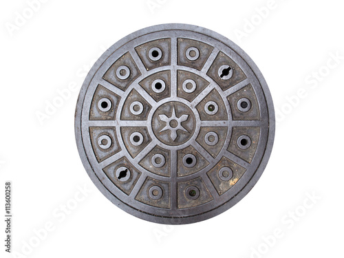 Circle steel manhole cover or metal sewer on the street