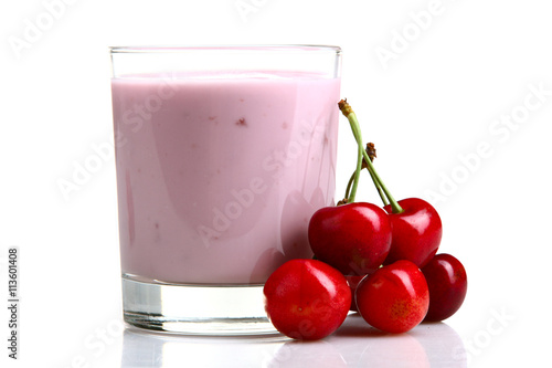 Wallpaper Mural yogurt with cherry flavor in a glass on a white isolated background with scattered cherry blossoms Torontodigital.ca