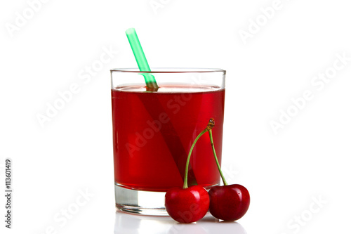 Wallpaper Mural cherry juice in a glass with cocktail straw on a white isolated background with reflection Torontodigital.ca