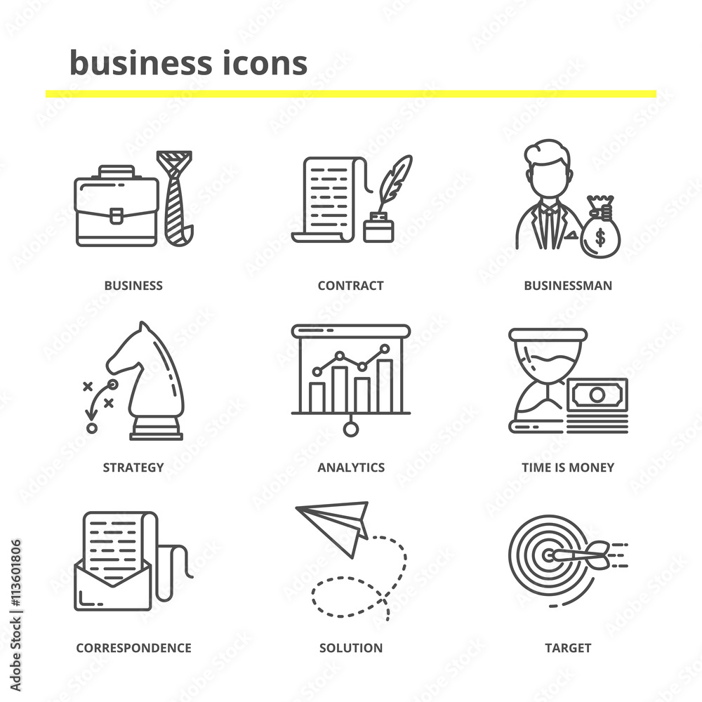 Business and office vector icons set: contract, businessman, str - obrazy, fototapety, plakaty 