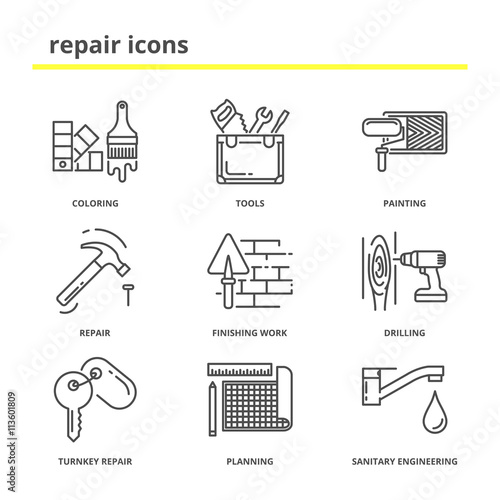 House repair and construction vector icons set: coloring, tools,