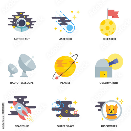 Space flat vector icons set