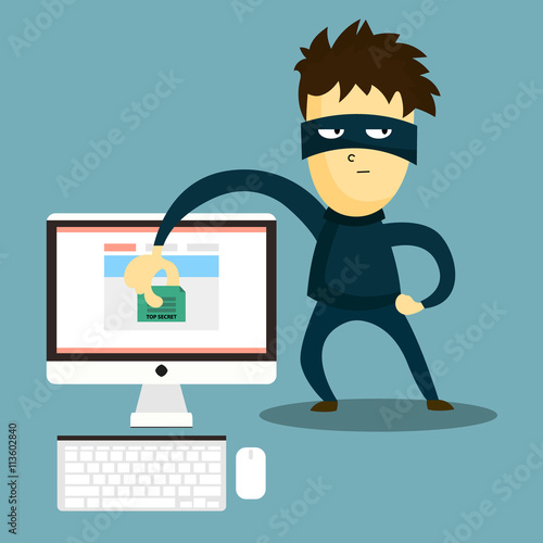 Hacker steals the document from your computer. The swindler steals data from computer. Computer hacker hacking robbery secret data.