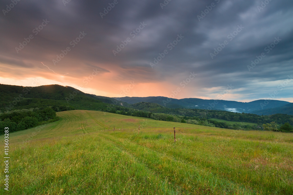 Rural landscape  and an evening storm in Poltar region, central Slovakia.