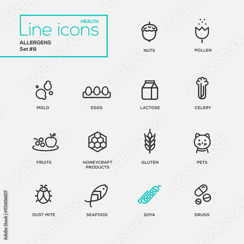 Allergens - simple thin line design icons, pictograms set