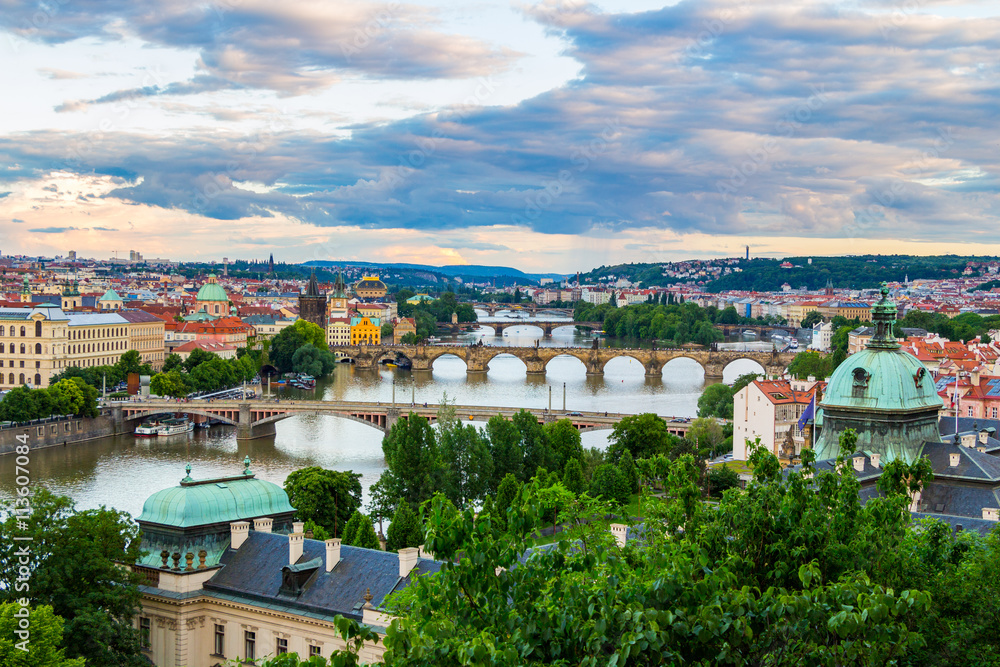 Beautiful Panoramic View of Prague Bridges on River Vltava from Letna Park