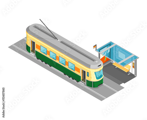 Isometric vector illustration of a tram and shelter. Tram with tram stop icon.