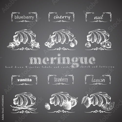 Meringue hand drawn collection. Vector vintage illustration with cherry, blueberry, vanilla, nut, strawberry, lemon and letter elements.