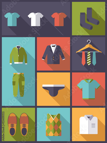 Mens wear flat design long shadow vector illustration.