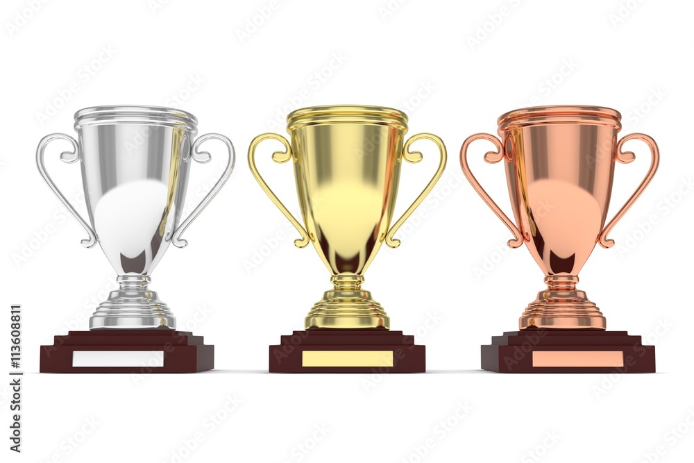 Three cups on white background. 3D rendering. Three cups on white background. 3D rendering.