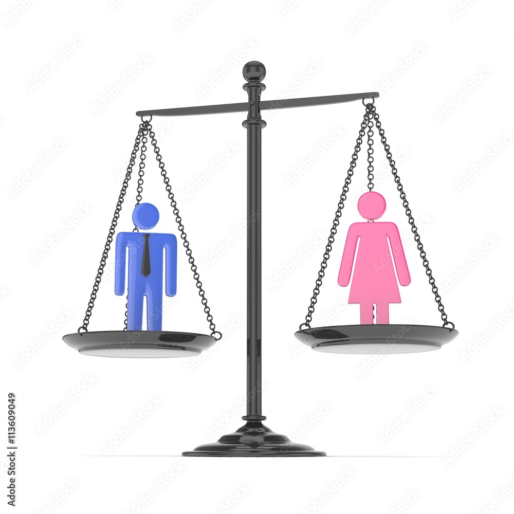 Isolated old fashioned pan scale with man and woman on white background. Gender inequality. Equality of sexes. Law issues. Colorful model. 3D rendering. Isolated old fashioned pan scale with man and woman on white background. Gender inequality. Equality of sexes. Law issues. Colorful model. 3D rendering.