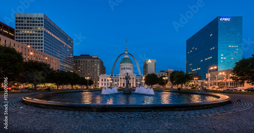 Kiener Plaza with the Running Man statue and the Old Courthouse and the Arch in St. Louis, Missouri