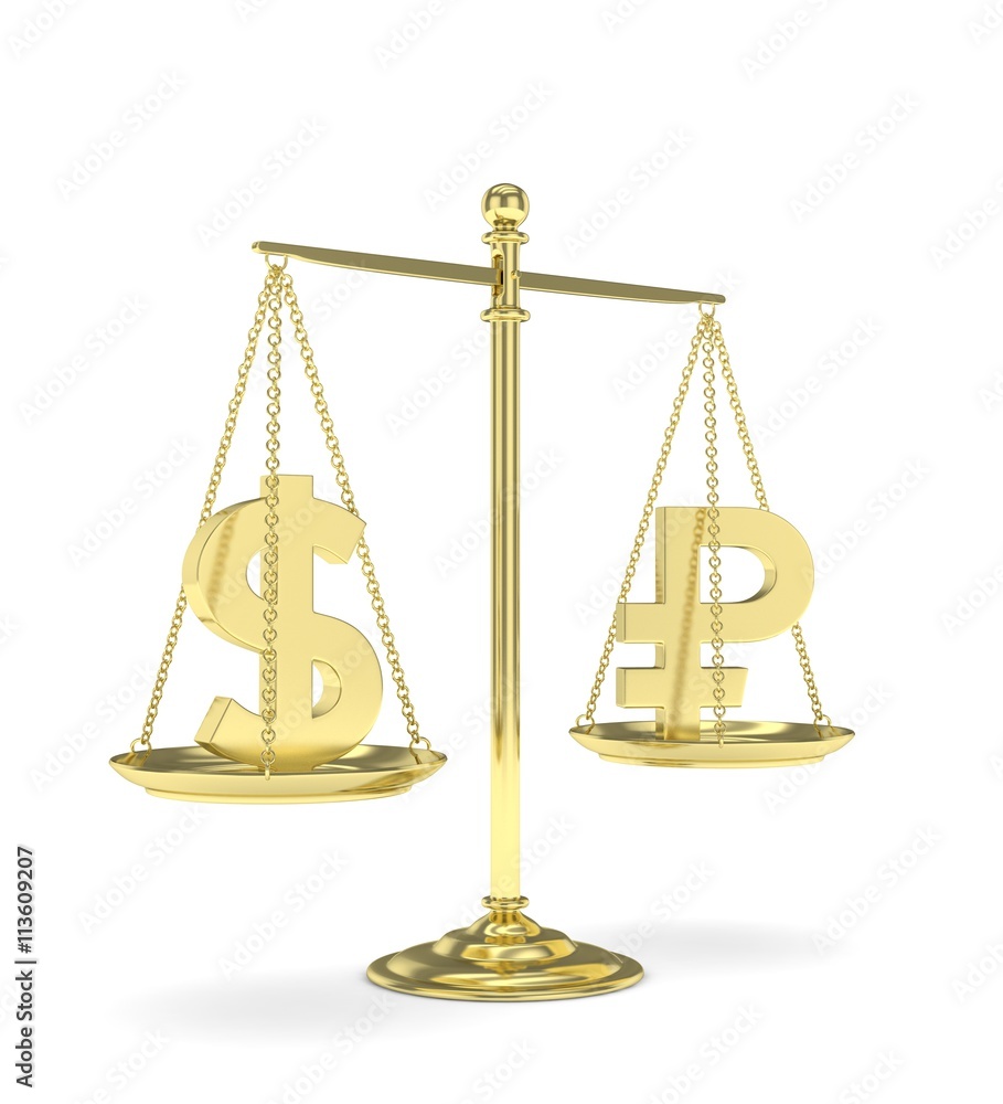 Isolated old fashioned pan scale with dollar and ruble on white background. American and russian currency. Currency equality. 3D rendering. Isolated old fashioned pan scale with dollar and ruble on white background. American and russian currency. Currency equality. 3D rendering.