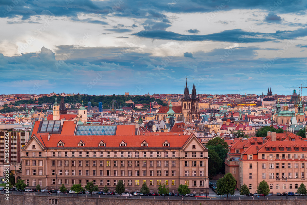 Fototapeta premium Famous scene, cityscape of Prague, Czech Republic. Towers of Church Of Our Lady Before Tyn In Old Town Square.